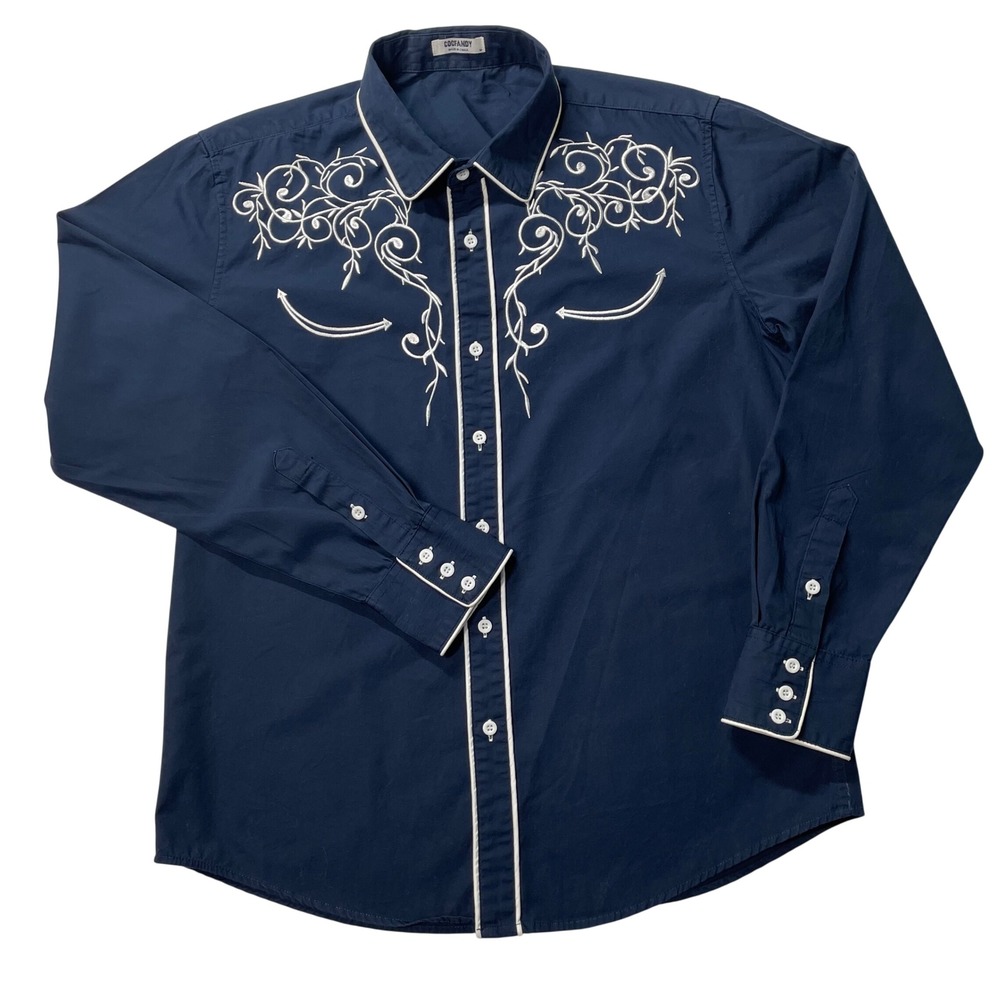 COOFANDY Mens M Navy Blue Western Shirt White Floral Embroidery Cowboy Piping
